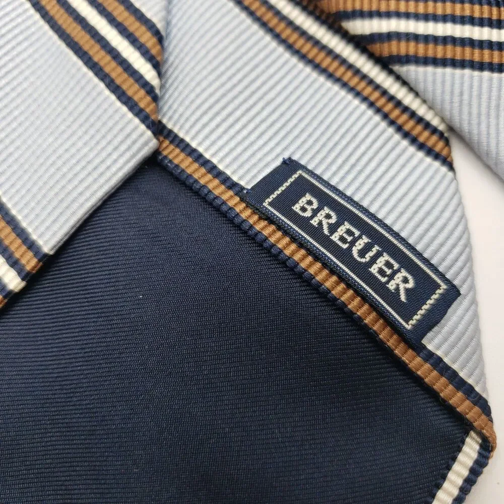 Breuer Silk Blend Tie Made In France Light Blue Brown Striped Cotton Necktie Lux
